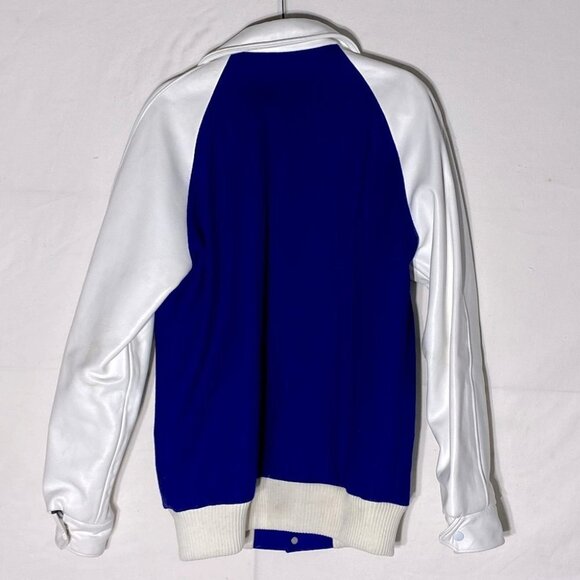 Vintage ‘77 Blue Varsity Jacket W White Leather Sleeves Wetaskiwin Sportshop S - Picture 2 of 16
